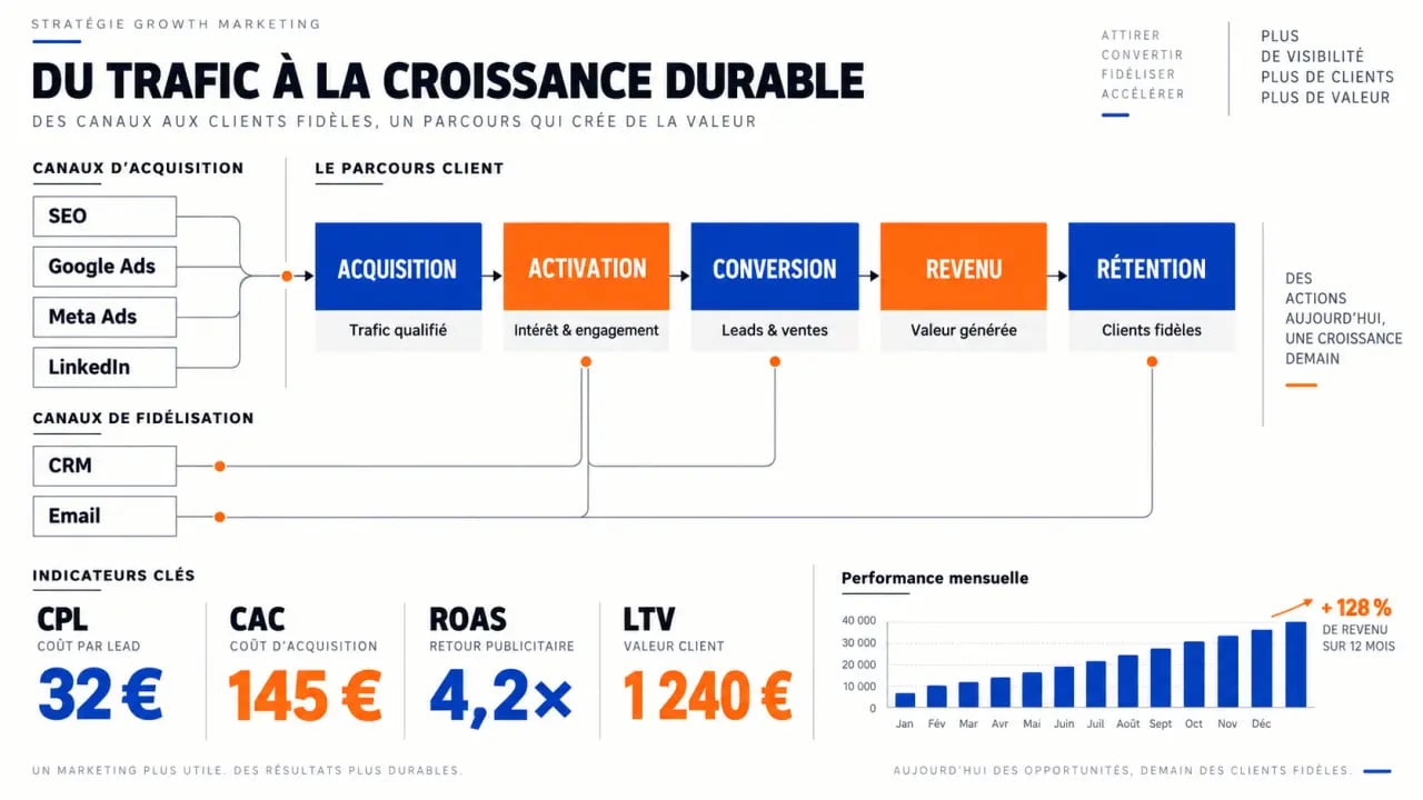 Funnel d'une agence de growth marketing reliant acquisition, conversion, revenu et rétention