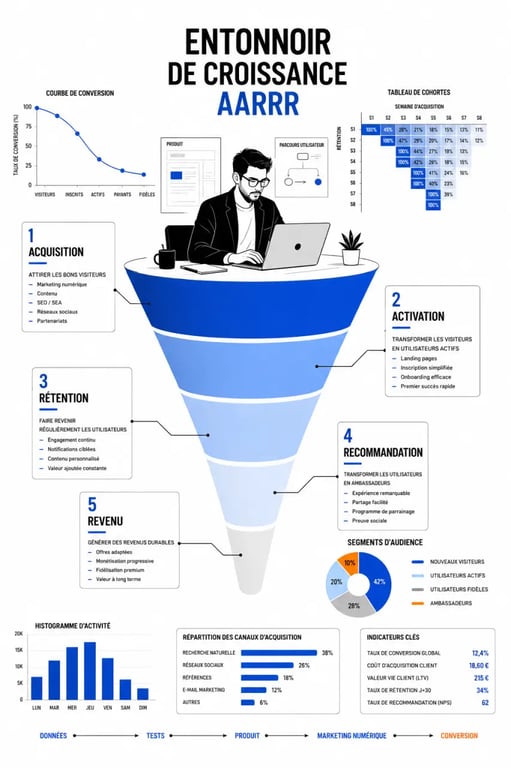 growth hacker et framework AARRR illustrés dans une infographie éditoriale