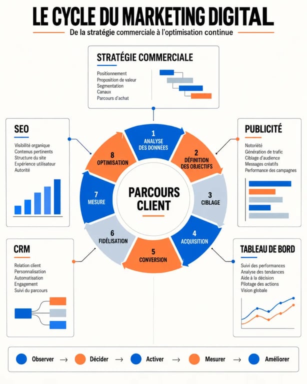Infographie du cycle de travail d’un expert digital marketing, de l’analyse à l’optimisation