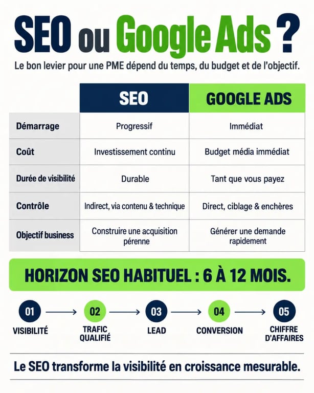 Infographie SEO pour PME comparant référencement naturel, Google Ads et conversion des visiteurs en prospects