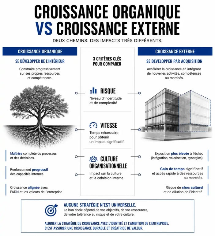 Infographie comparative entre croissance organique et croissance externe pour le développement d'entreprise
