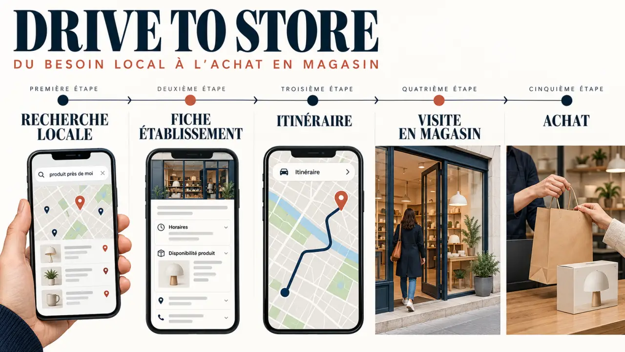 Schéma du parcours drive to store, de la recherche locale à l’achat en magasin