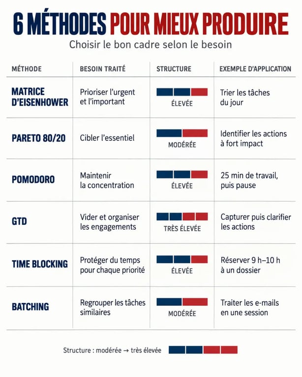 Infographie des méthodes pour augmenter la productivité : Eisenhower, Pareto, Pomodoro, GTD, time blocking et batching