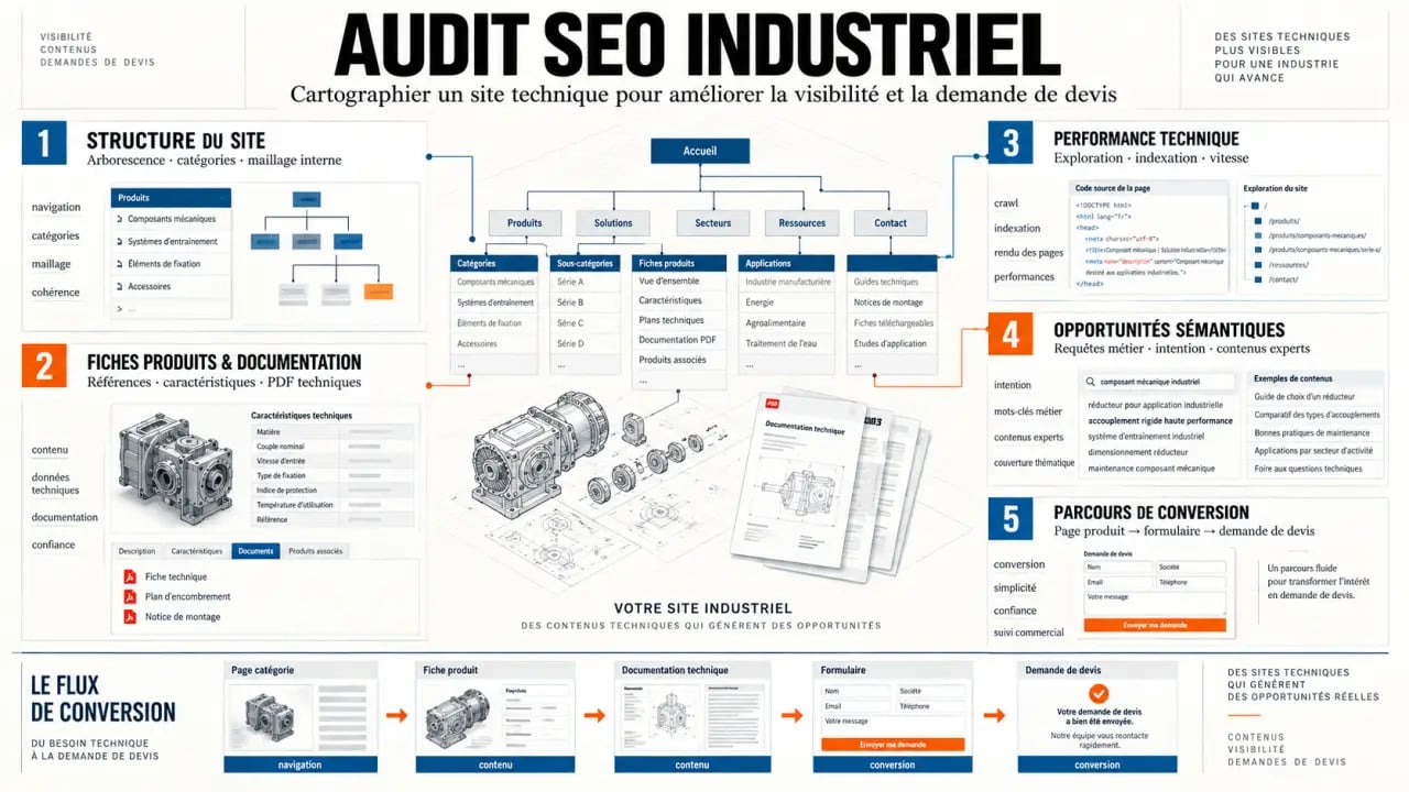 Infographie sur les axes d’un audit SEO industriel pour une agence SEO industrie
