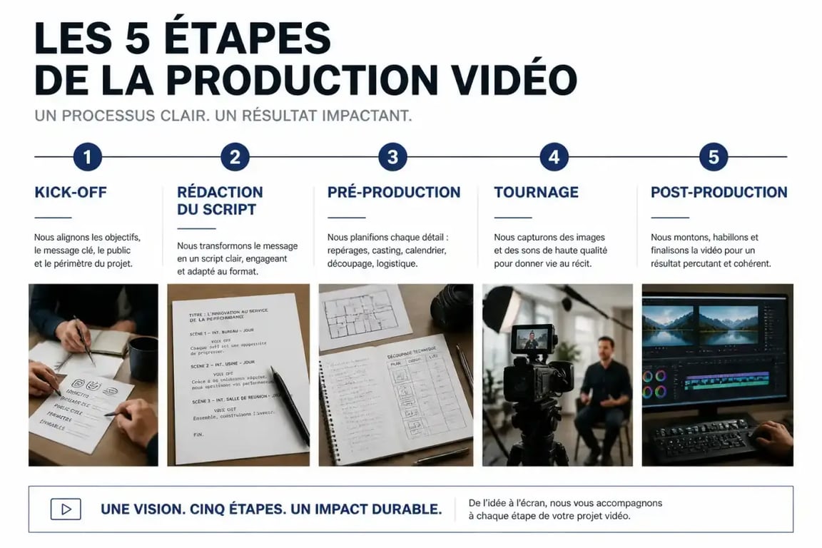 Infographie du processus de production d'une agence marketing vidéo en cinq étapes clés