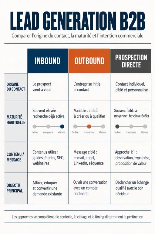 Infographie des approches de lead generation description inbound outbound et prospection directe