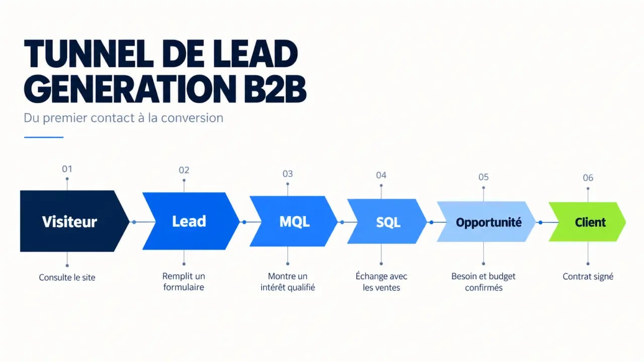 Schéma du tunnel de lead generation description, du visiteur au client en B2B