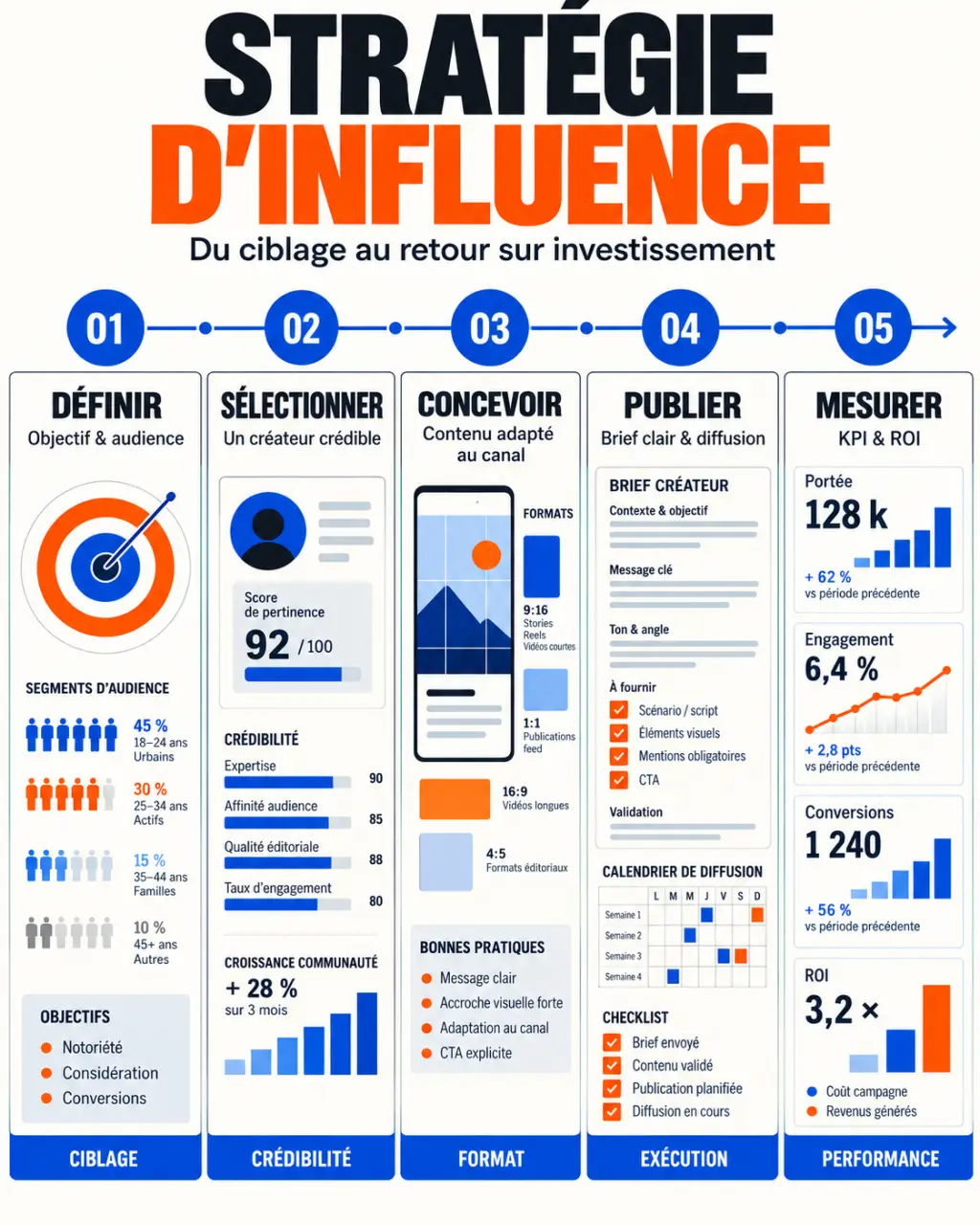 Stratégie d’influence : étapes de définition, sélection, création, publication et mesure