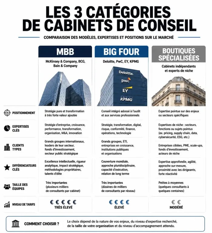 Comparatif des cabinets de conseil en stratégie : MBB, Big Four et boutiques