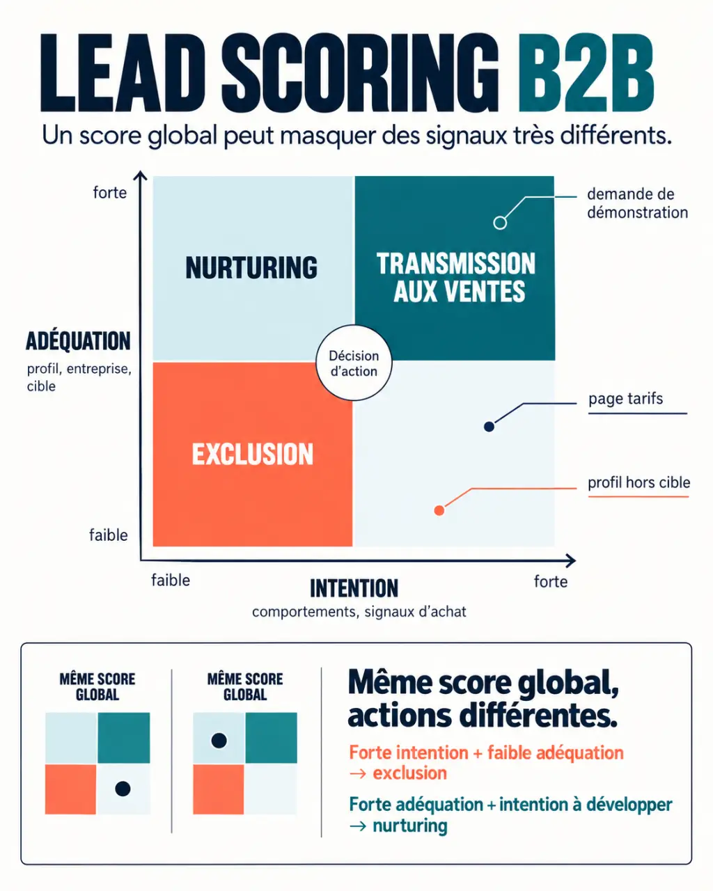 Infographie sur le lead scoring B2B distinguant adéquation, intention et actions commerciales