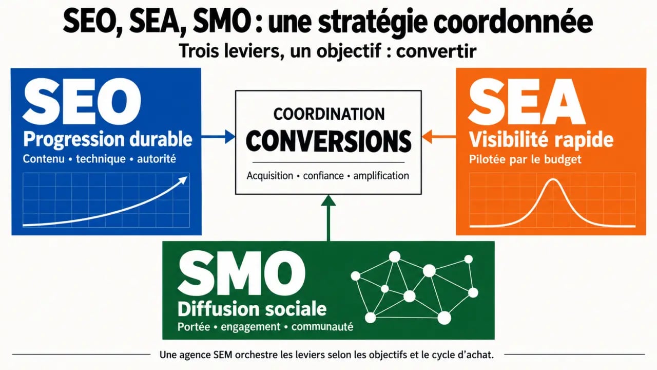 Infographie sur le rôle d'une agence SEM SEO et la complémentarité entre SEO, SEA et SMO