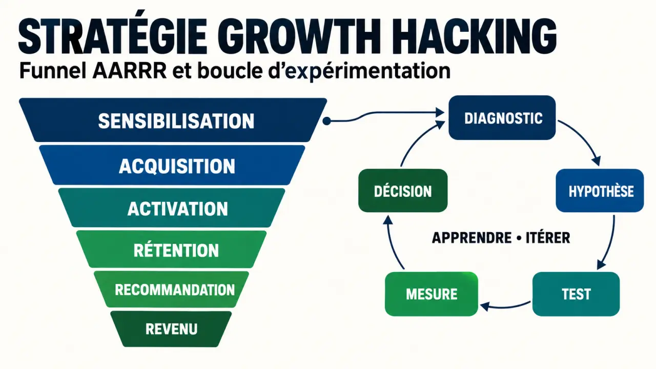 Stratégie growth hacking Boostmetrics framework avec funnel AARRR et cycle d'expérimentation