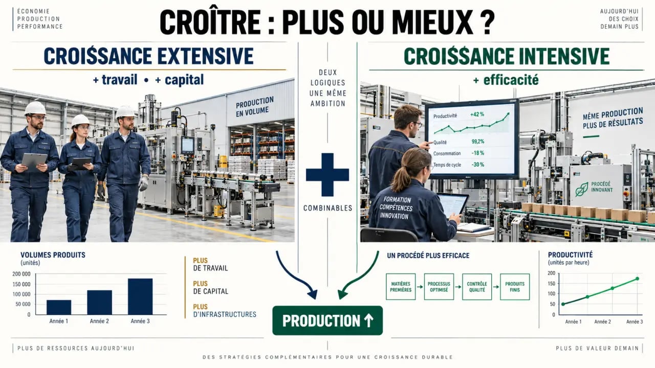 Infographie comparative sur la croissance intensive et extensive et leurs mécanismes