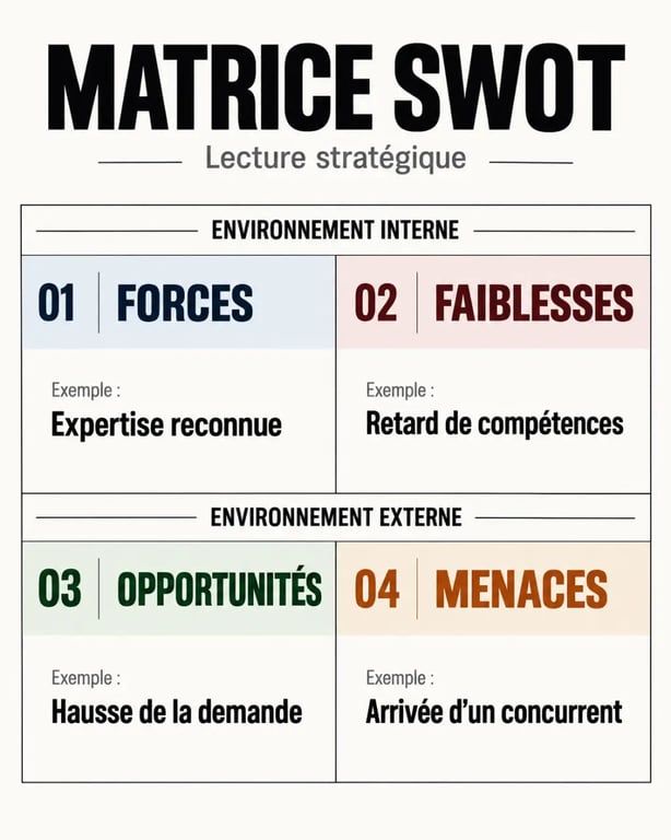 Matrice SWOT illustrant la distinction entre menace et opportunité, forces et faiblesses