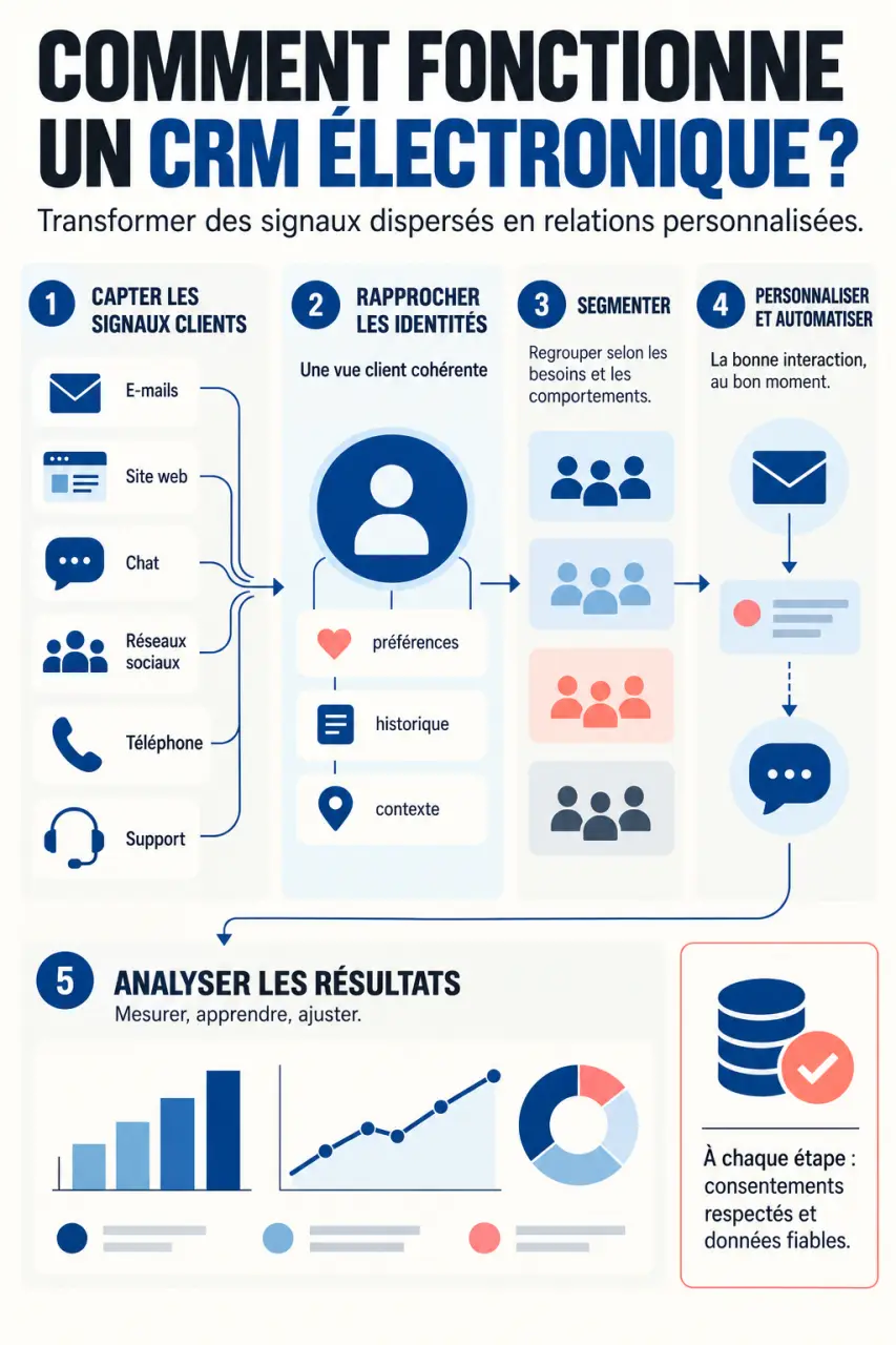Infographie du fonctionnement d’un electronic CRM, de la collecte des données à l’analyse des interactions clients