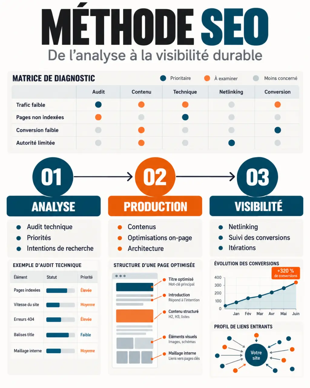 Infographie de la méthode d'une agence SEO APV : analyse, production, visibilité et suivi