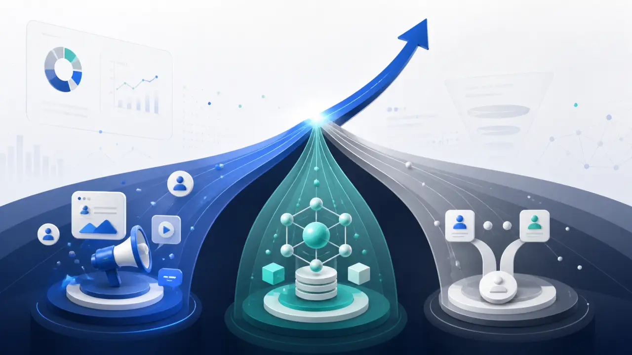 Illustration abstraite d'une interface de croissance avec blocs modulaires et courbes de performance