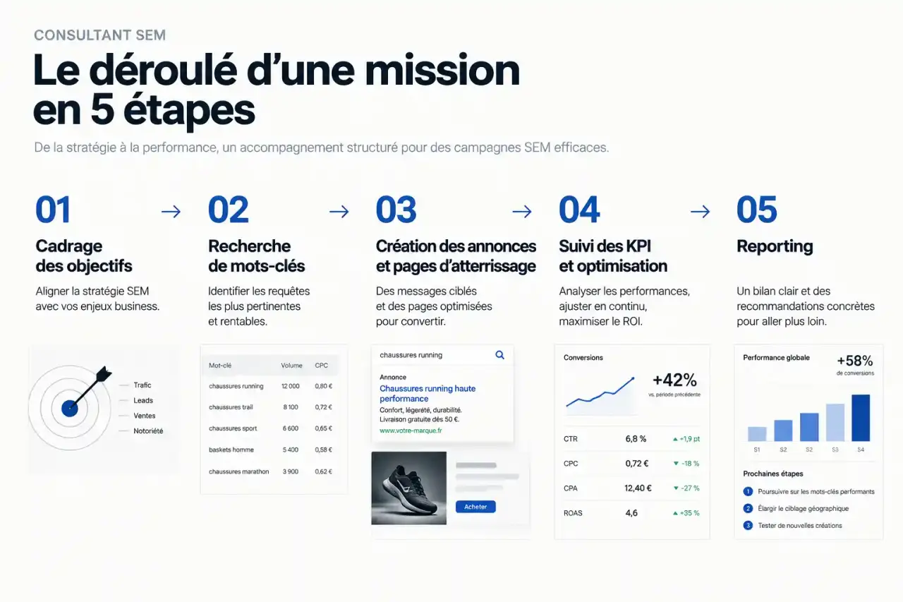 Déroulé d'une mission de consultant SEM, du cadrage des objectifs au reporting