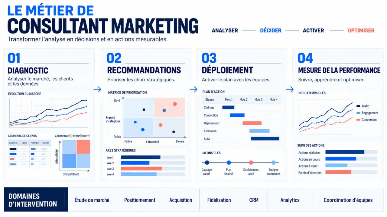 Infographie sur le métier de consultant marketing et les étapes d’une mission